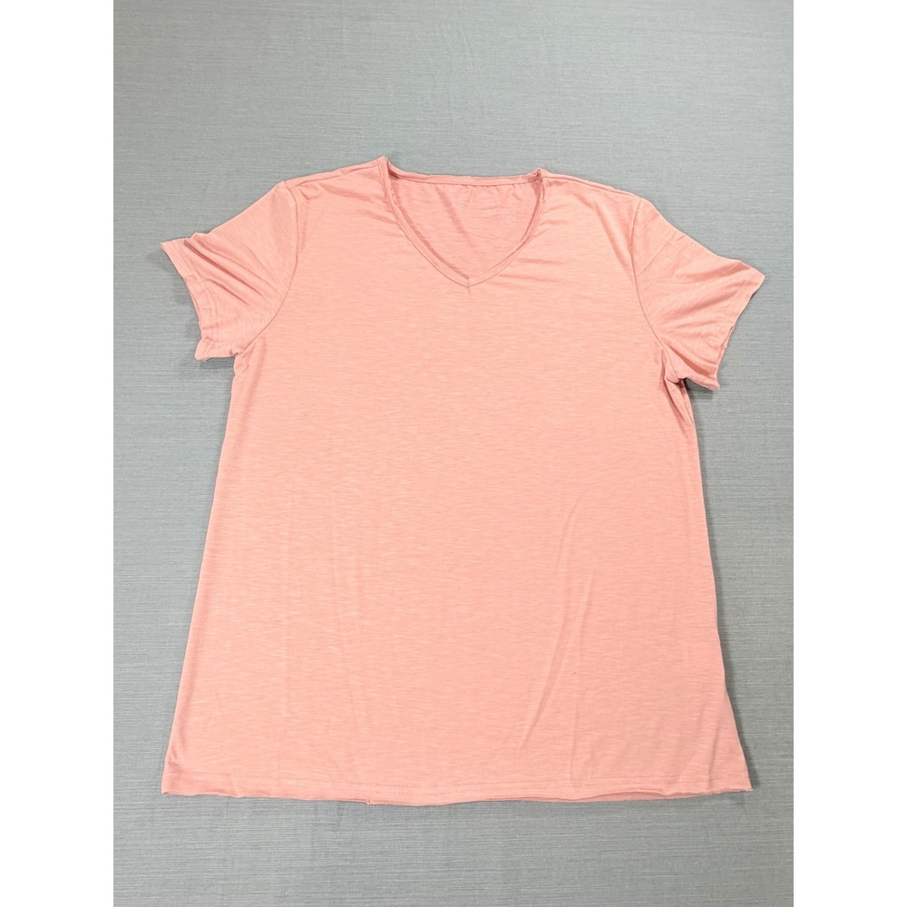Womens Pink V-Neck Short Sleeve Slub T-Shirt Size 2XL Casual Solid Top